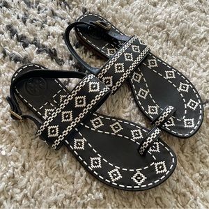 Tory Burch Reena Slingback Toe Ring Embroidered Sandals